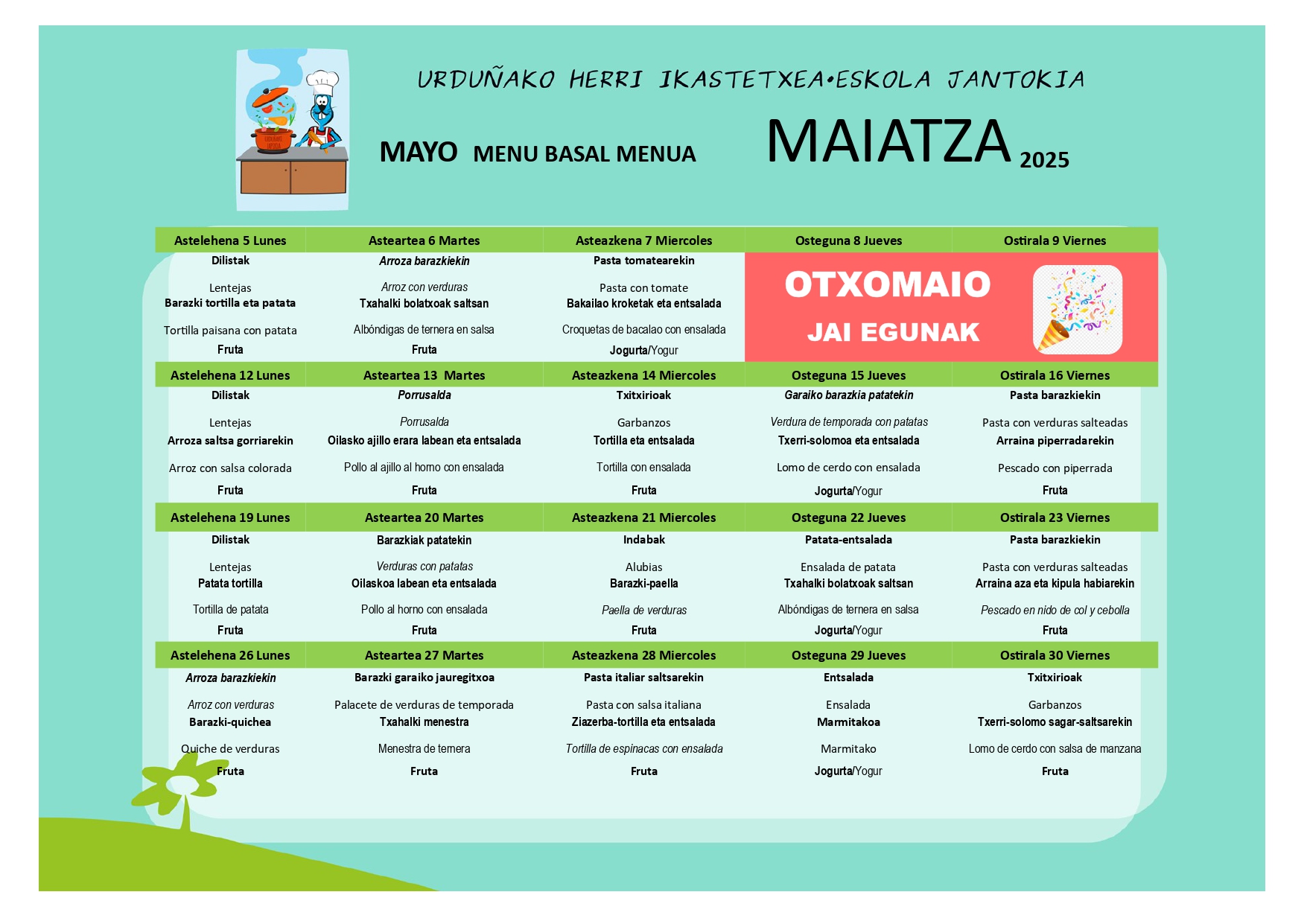 Jangelaren Maiatzaren menu basala